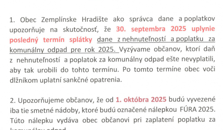 Fotka - Upozornenie na končiaci dátum splatnosti dane z nehnuteľností a poplatku za komunálny odpad